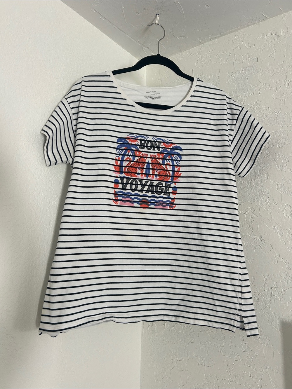Anthropologie White & Navy Striped Tee with Colorful 'Bon Voyage' Graphic